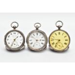 THREE SILVER OPEN FACE POCKET WATCHES, to include a Sheppard Bros pocket watch, approximate diameter