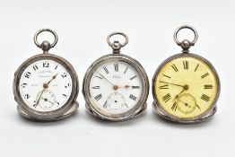 THREE SILVER OPEN FACE POCKET WATCHES, to include a Sheppard Bros pocket watch, approximate diameter