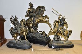 THREE LATE 19TH CENTURY GILT SPELTER FIGURES OF WARRIORS ON HORSEBACK, all three on oval ebonised