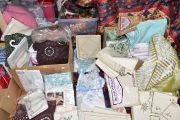 FIVE BOXES OF CURTAINS, BEDDING, TABLE LINEN, ETC, various fabrics and eras, most items