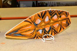 A POOLE POTTERY ORANGE DELPHIS PATTERN SPEAR SHAPED TRAY, printed back stamp, approximate length