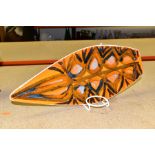 A POOLE POTTERY ORANGE DELPHIS PATTERN SPEAR SHAPED TRAY, printed back stamp, approximate length