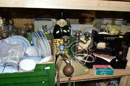 FIVE BOXES AND LOOSE CERAMICS, GLASS, METALWARES, ETC, including a Singer Class 99K electric