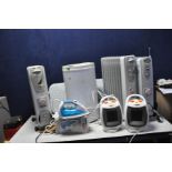 A COLLECTION OF HEATING AND HOUSEHOLD ELECTRICALS including two De'Longhi oil filled Heaters,
