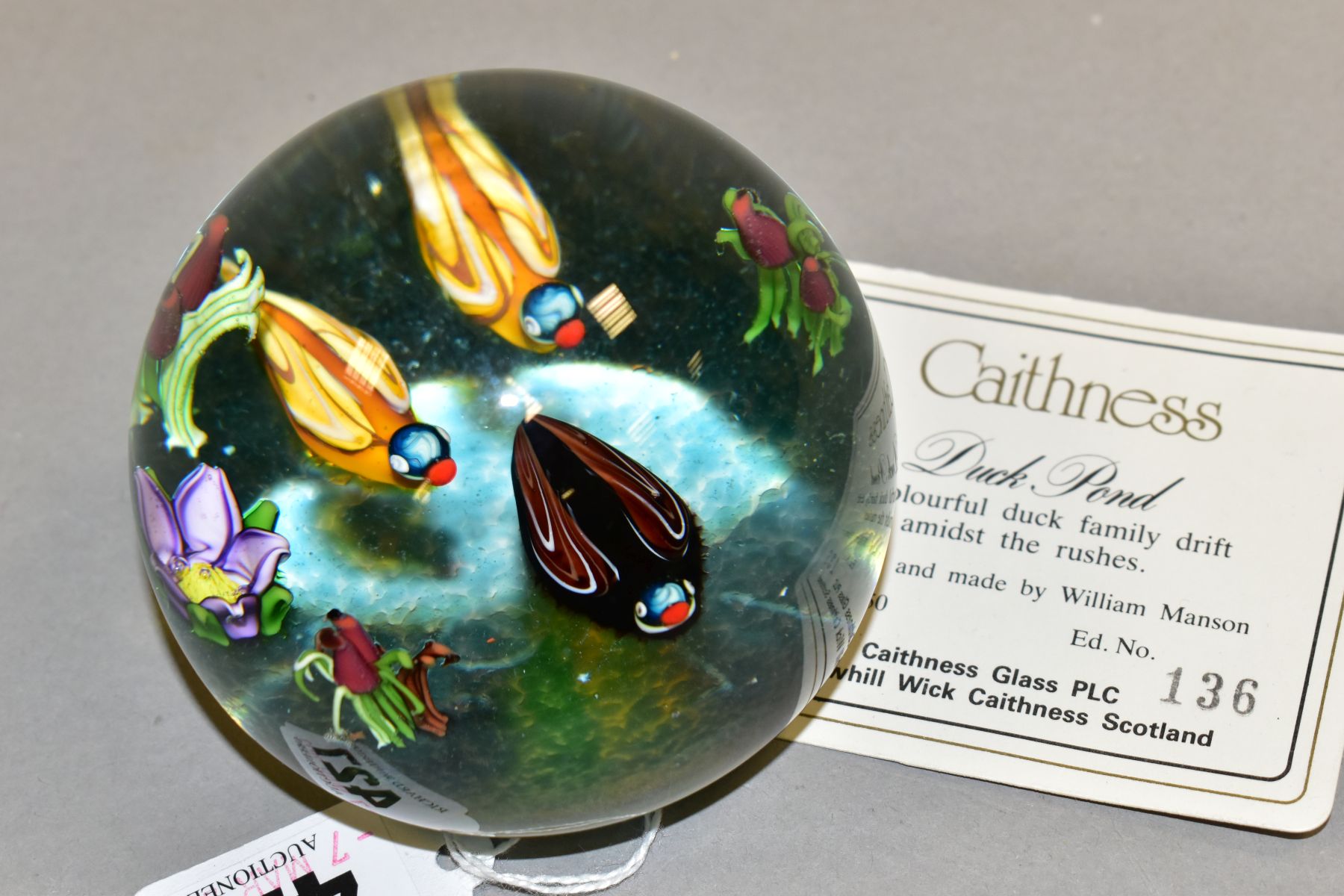 A LIMITED EDITION CAITHNESS GLASS DUCK POND PAPERWEIGHT, with certificate, featuring a colourful - Image 4 of 5