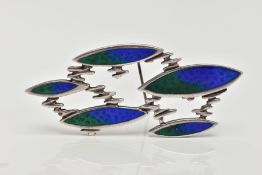 A 'DAVID LAWRENCE' SILVER ENAMEL BROOCH, arts and crafts style brooch featuring five navette