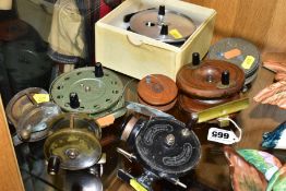 EIGHT FISHING REELS, to include wooden, brass and other metal examples, a boxed Hardy Bros Ltd The