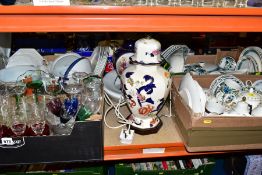 FOUR BOXES AND LOOSE CERAMICS AND GLASSWARE, including a Masons Ironstone octagonal table lamp in