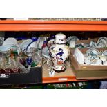 FOUR BOXES AND LOOSE CERAMICS AND GLASSWARE, including a Masons Ironstone octagonal table lamp in