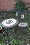 A MODERN TILED TOP GARDEN TABLE with metal frames 60cm in diameter and two matching chairs (3)