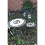 A MODERN TILED TOP GARDEN TABLE with metal frames 60cm in diameter and two matching chairs (3)