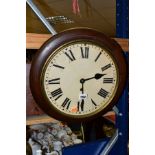 A 20TH CENTURY VICTORIAN STYLE CIRCULAR CASED WALL CLOCK, the 28.5cm white painted dial with Roman