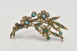 A YELLOW METAL FLORAL BROOCH, floral spray brooch set with turquoise cabochons and seed pearls,