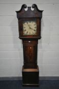 A GEORGE III OAK AND MAHOGANY CROSSBANDED 30 HOUR LONGCASE CLOCK, the hood with a swan neck