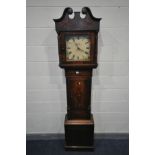 A GEORGE III OAK AND MAHOGANY CROSSBANDED 30 HOUR LONGCASE CLOCK, the hood with a swan neck