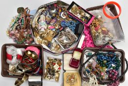 A BOX OF ASSORTED COSTUME JEWELLERY, to include various beaded necklaces, imitation pearl strands,