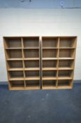 TWO SIMILAR BESPOKE PLYWOOD BOOKCASES, largest at width 188cm x depth 44cm x height 117cm