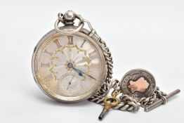 A LATE VICTORIAN SILVER OPEN FACE POCKET WATCH AND ALBERT CHAIN, (non-running) round engine turned