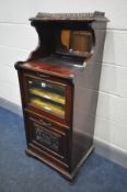 AN EDWARDIAN MAHOGANY MUSIC CABINET, width 50cm x 50cm x height 116cm, and a late Victorian walnut