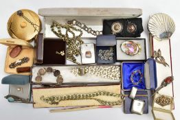 A BOX OF ASSORTED ITEMS, to include a white metal cameo and marcasite line bracelet, fitted with