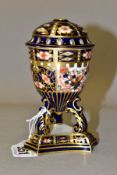 A ROYAL CROWN DERBY TRIPOD BASE POT POURRI VASE WITH COVER, decorated in the Imari pattern,