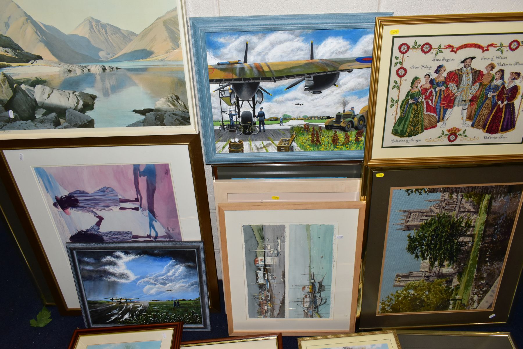 A QUANTITY OF PRINTS, PAINTINGS AND NEEDLEWORK, to include eighteen framed pictures, an Aubrey