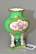 A ROYAL CROWN DERBY SQUAT BALUSTER VASE, with inverted dome between three legs standing on a plinth,