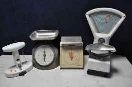 FOUR WEIGHING SCALES comprising two sets of Salter scales, one model 182 letter and parcels and