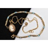 A 9CT GOLD TOPAZ BRACELET AND CAMEO NECKLACE, nine oval cut blue topaz stones interspaced between