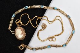 A 9CT GOLD TOPAZ BRACELET AND CAMEO NECKLACE, nine oval cut blue topaz stones interspaced between