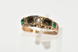 A MID 20TH CENTURY 15CT GOLD RING, AF (missing two stones), set with a central pearl, and two