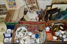 FIVE BOXES AND LOOSE CERAMICS, GLASS WARES, PICTURES AND SUNDRY ITEMS, to include boxed Royal