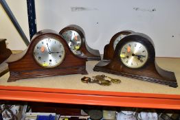 FOUR TWENTIETH CENTURY WOODEN CASED MANTEL CLOCKS makes to include Haller and Bentina, with