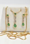 AN EMERALD AND DIAMOND PENDANT AND CHAIN, the yellow metal drop pendant set with a circular cut