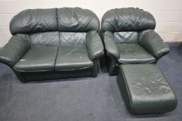 A GREEN LEATHER THREE PIECE LOUNGE SUITE, comprising a two seater settee, length 150cm, armchair and