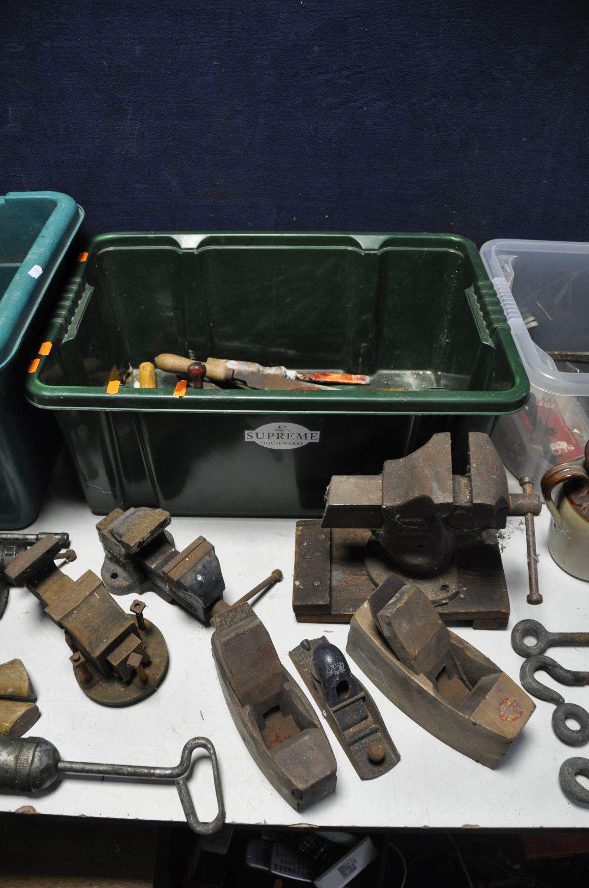 THREE BOXES OF TOOLS to include three vices three planes a number of chisels screwdrivers, - Image 3 of 5