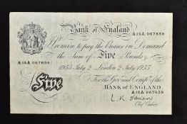 A BANK OF ENGLAND L K O'BRIEN WHITE FIVE POUNDS A15A July 2nd 1955