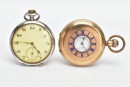 A SILVER OPEN FACE POCKET WATCH AND A GOLD-PLATED POCKET WATCH, the silver watch with a round