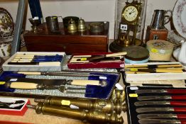 CASED SETS OF CUTLERY, CLOCK, WRITING SLOPE AND METAL WARES, to include a Thomas Turner Encore cased