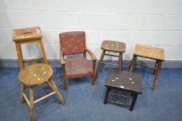 FIVE VARIOUS PERIOD STOOLS, of different ages, style and woods, along with a child armchair (6)