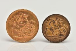 A GOLD FULL AND HALF SOVEREIGN COINS, to include an 1893 Victoria half sovereign and a 1902