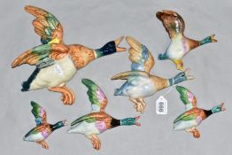 SIX CERAMIC FLYING DUCKS, unmarked and from different sets, largest length 26cm, smallest length