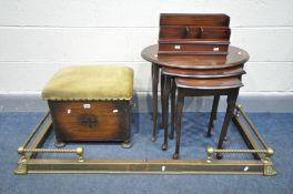 An EARLY 20TH CENTURY OAK LIDDED STOOL, along with as mahogany oval top nest of three tables,