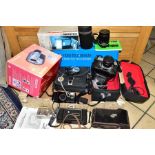 A BOX OF CAMERAS AND PHOTOGRAPHIC EQUIPMENT, to include a Fujica ST701 SLR camera with Fujinon f1.