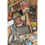 A BOX OF SUNDRY ITEMS ETC, to include metal calipers, steel rule and protactor, steel punches, drill