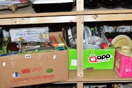 EIGHT BOXES OF COOKWARE, STAINLESS STEEL, KITCHEN CROCKERY, GLASSWARE, ETC, including boxed Tower