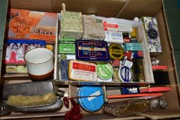 A BOX OF ADVERTISING BOXES AND TINS ETC, to include OXO, Vaseline, Collotape, Nivea, first aid,