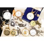 A BAG OF POCKET WATCHES, to include a small open face pocket watch with a round white dial, Roman