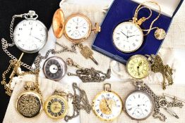 A BAG OF POCKET WATCHES, to include a small open face pocket watch with a round white dial, Roman