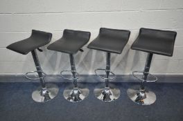 FOUR BLACK LEATHERETTE AND CHROME SWIVEL HIGH STOOLS, with adjustable height (condition:-two high